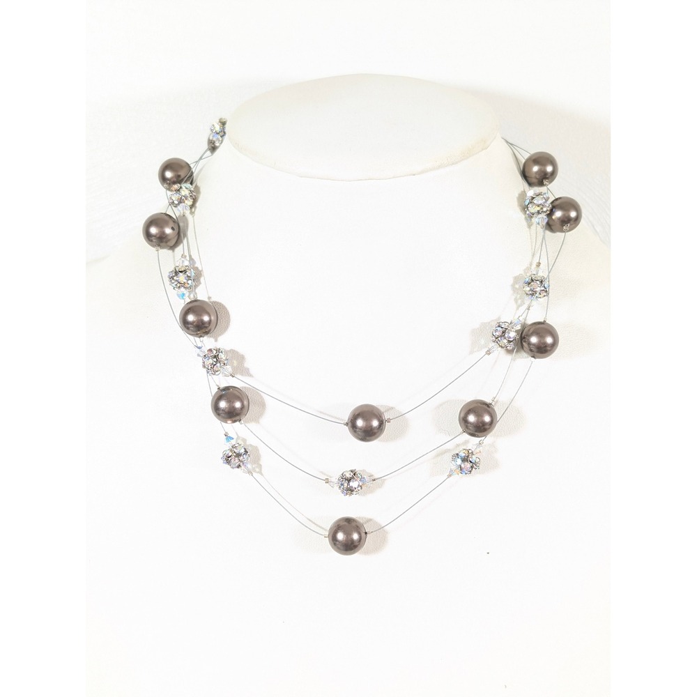 Artisan Gray Faux Pearl AB Rhinestone Multi Wire Strand Necklace 18 Inch